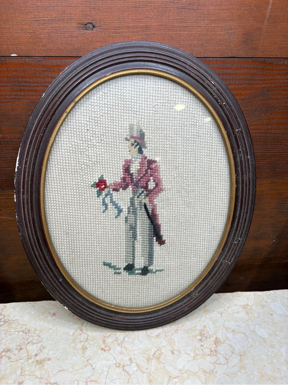 Vintage Oval Framed Needlepoint of Man in Top Hat & Coat Holding Flowers